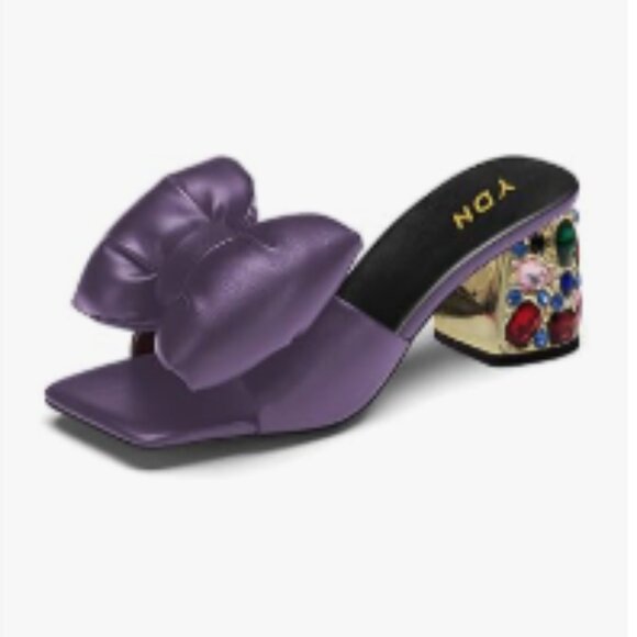YDN Purple Bow Knot Rhinestone Block Heel Mule Sandals Open Toe Slip On Slipper - Picture 1 of 8